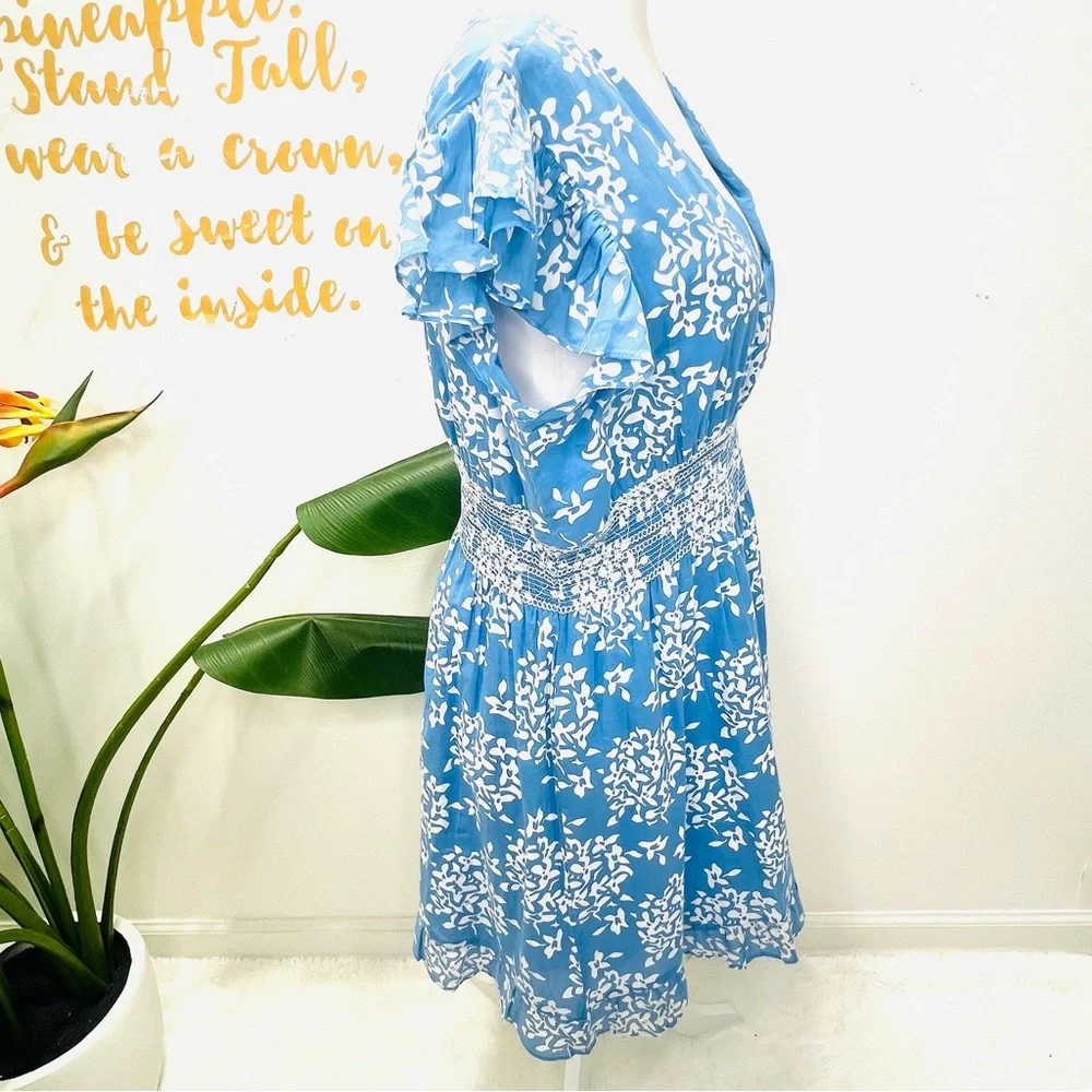 SAIL TO SABLE Blue Floral Flutter Ruffle Sleeve Smock Waist Mini Dress Large - Picture 5 of 13